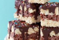 No-Bake Rice Krispie Cake Recipe with Chocolate Drizzle