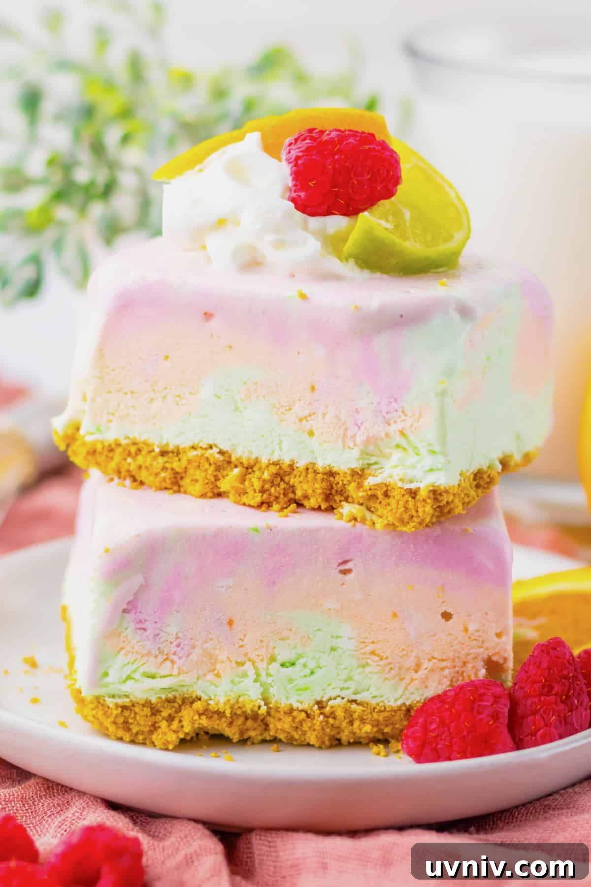 No-Bake Rainbow Sherbet Dessert Bars 2 Two rainbow sherbet bars stacked on top of each other.