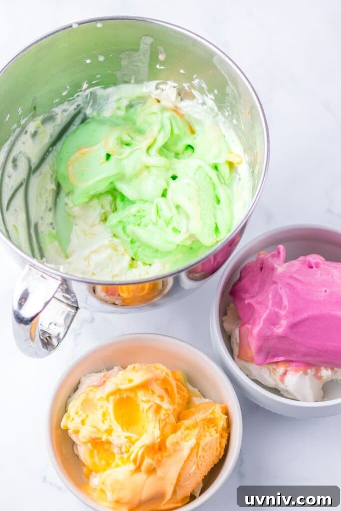 No-Bake Rainbow Sherbet Dessert Bars 7 Three bowls of green, orange and pink ice cream.