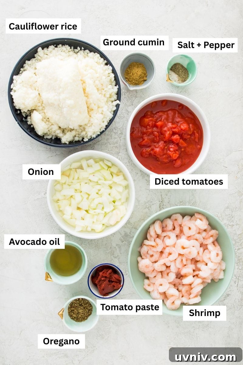 Spanish Cauliflower Rice with Shrimp — Quick Low-Carb Recipe 3 The ingredients needed to make Spanish cauliflower rice separated into bowls including riced cauliflower, diced tomatoes, chopped onion and spices.