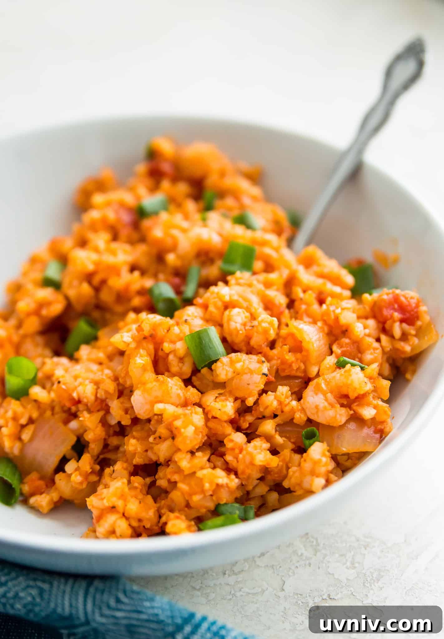 Spanish Cauliflower Rice with Shrimp — Quick Low-Carb Recipe 10 A bowl of red cauliflower rice with shrimp in it, garnished with chopped green onion.
