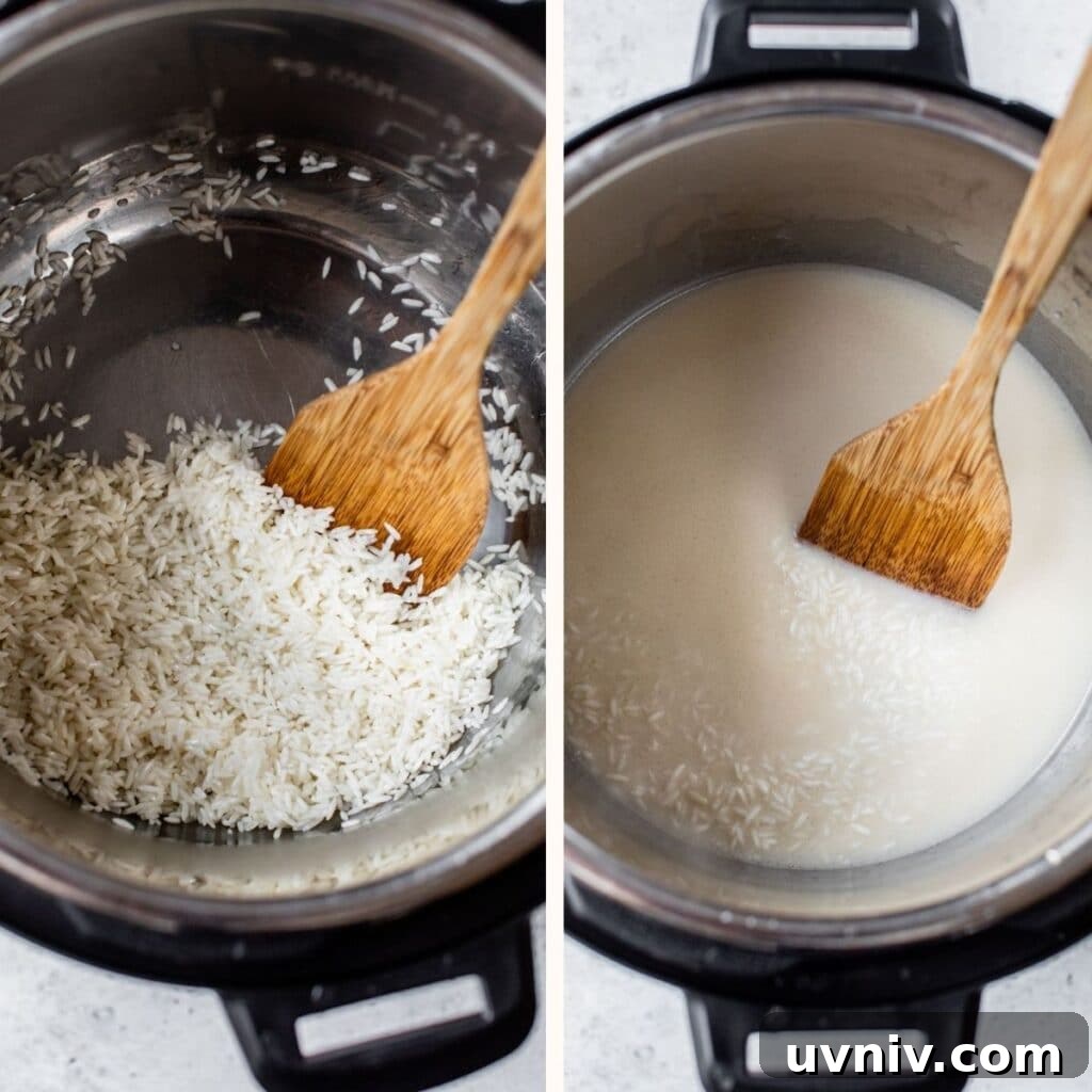 white rice in a pressure cooker on the left, and with coconut milk on the right