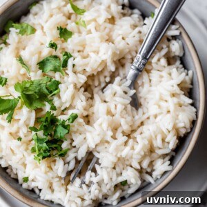 a bowl of coconut rice topped with cilantro and with a fork in the bowl