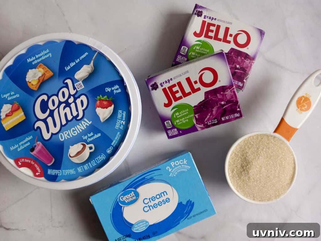 Amish Grape Jello Salad with Cream Cheese—Classic Recipe 2 ingredients - Cool Whip, cream cheese, sugar, and grape jello