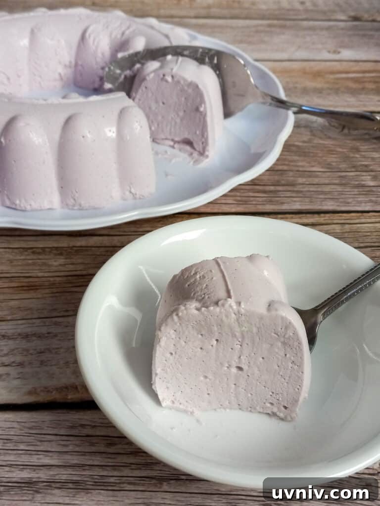 Amish Grape Jello Salad with Cream Cheese—Classic Recipe 5 jello ring and a serving in a dish