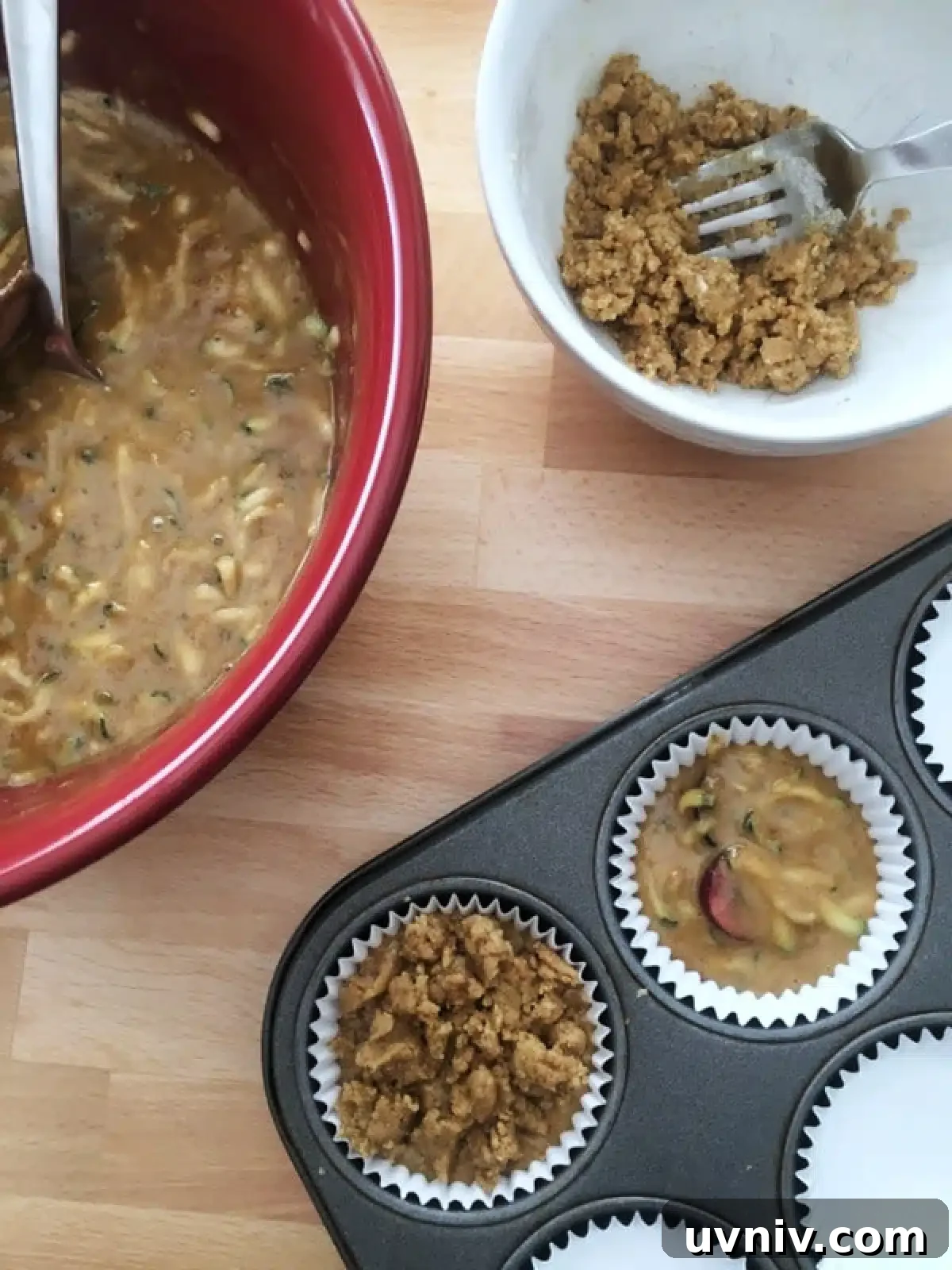 Cherry Zucchini Crumb Muffins @spabettie #glutenfree #vegan How to make cherry zucchini muffins: bowl of batter, batter scooped into muffin tins, crumb topping on top.