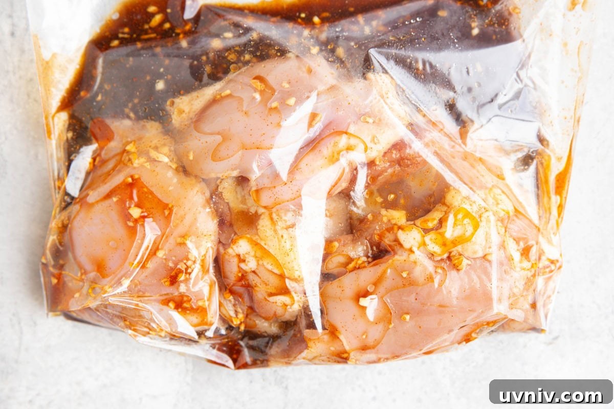 Peruvian Roast Chicken with Aji Verde Green Sauce Recipe 5 Large zip lock bag full of raw chicken thighs sitting in a dark colored chicken marinade.
