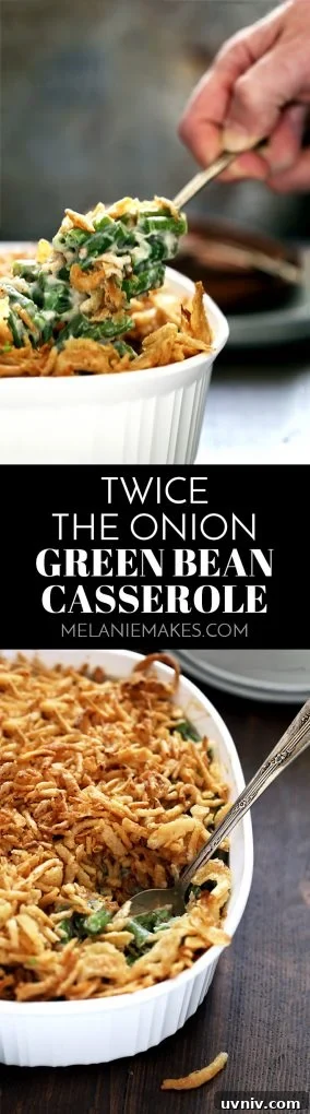 Double-Onion Green Bean Casserole Recipe for Holiday Dinner 2 Your favorite Thanksgiving side becomes even more delicious. This Twice the Onion Green Bean Casserole has double the amount of French fried onions! #greenbeans #greenbeancasserole #thanksgiving #thanksgivingrecipes #casserole #christmas