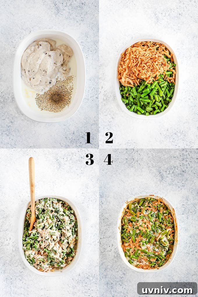 How to make Twice the Onion Green Bean Casserole Step by step photos of how to create Twice the Onion Green Bean Casserole on a white speckled surface.