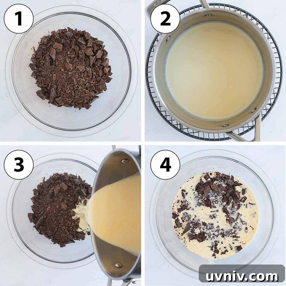French Chocolate Ganache Tart Recipe: Rich, Silky Dessert Guide 6 Process Shot Collage: finishing the ganache and pouring it into the blind baked crust.