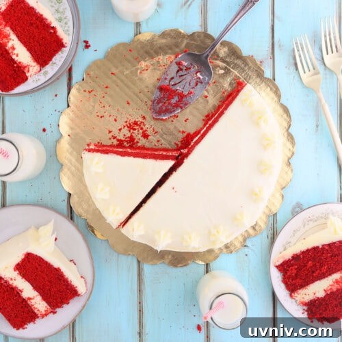 overhead shot of sliced red velvet cake