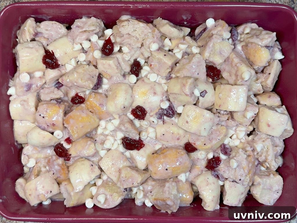 White Chocolate Cranberry Bread Pudding Recipe for Holidays 8 White chocolate cranberry bread pudding spread into the bottom of a greased baking pan.