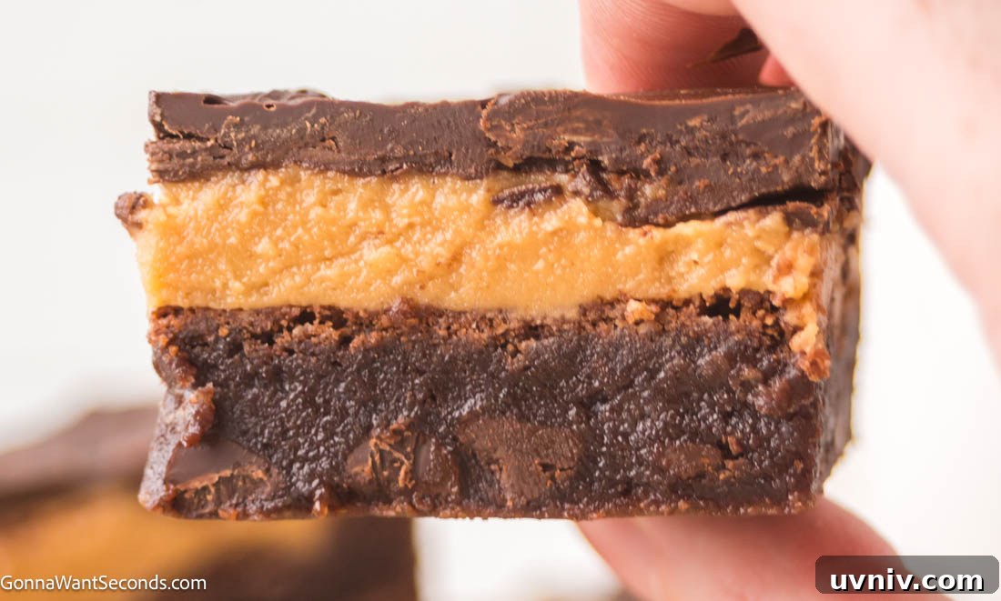 Ultra-fudgy Buckeye Brownies with a creamy peanut butter layer + glossy chocolate topping. A Nostalgic chocolate-PB dessert everyone loves. #buckeyerecipes #brownies hand holding a piece Buckeye Brownies with a creamy peanut butter layer and glossy chocolate topping