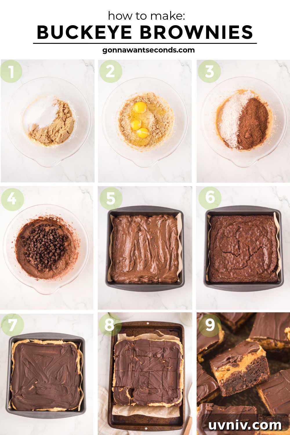 Ultra-fudgy Buckeye Brownies with a creamy peanut butter layer + glossy chocolate topping. A Nostalgic chocolate-PB dessert everyone loves. #buckeyerecipes #brownies step by step how to make buckeye brownies