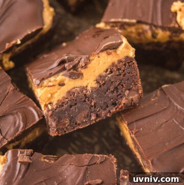 Slices of Buckeye Brownies with a creamy peanut butter layer and glossy chocolate topping.