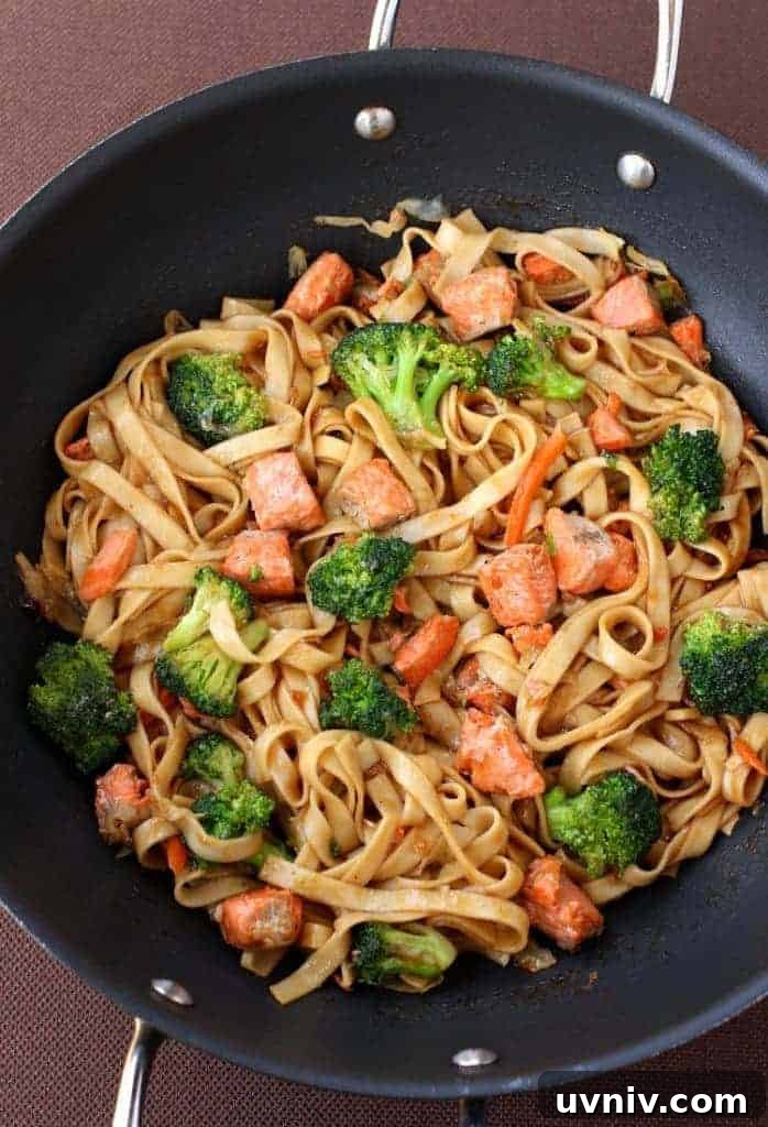 Quick Salmon Noodle Bowl Recipe for Weeknight Dinners 4 Quick Salmon Noodle Bowl in the wok.