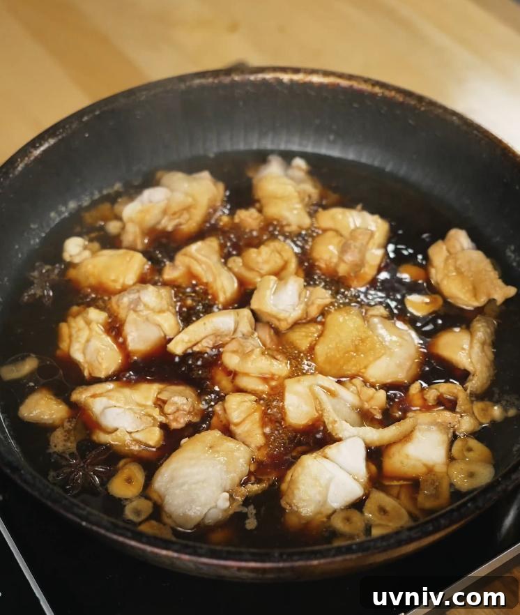 Ginger-Braised Chicken with Soy and Scallions Recipe 5 Chunks of chicken thigh are shown simmering in a dark soy-based sauce with visible slices of ginger and garlic, absorbing deep umami flavors.