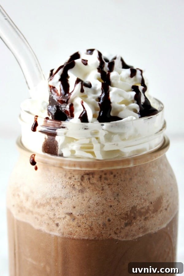 Homemade Mocha Frappuccino in a mug.