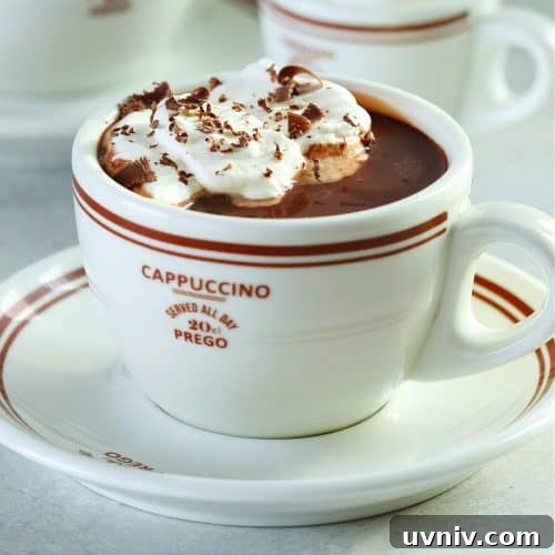 Square image of hot chocolate in a white mug on a saucer, with whipped cream and shaved chocolate on top.