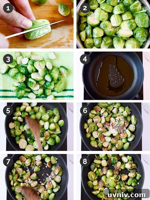 Crispy Sautéed Brussels Sprouts with Garlic and Parmesan 3 Step-by-step photos of how to make sauteed Brussels sprouts