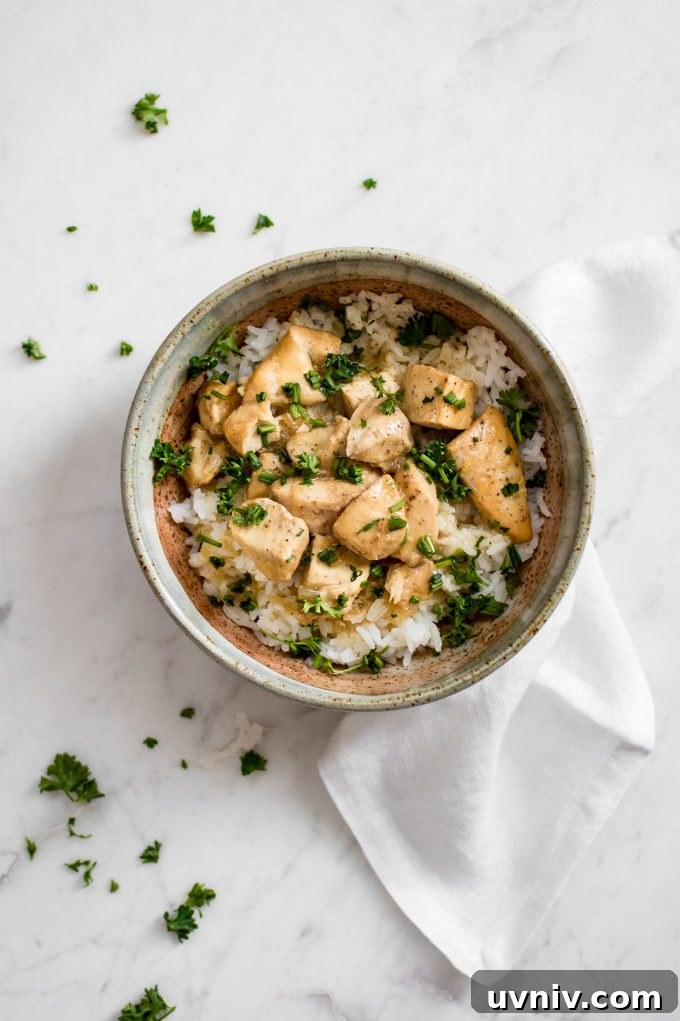 Honey Garlic Chicken in the Instant Pot: Quick Family Recipe 3 bowl of Instant Pot honey garlic chicken in a bowl with white cloth napkin beside it