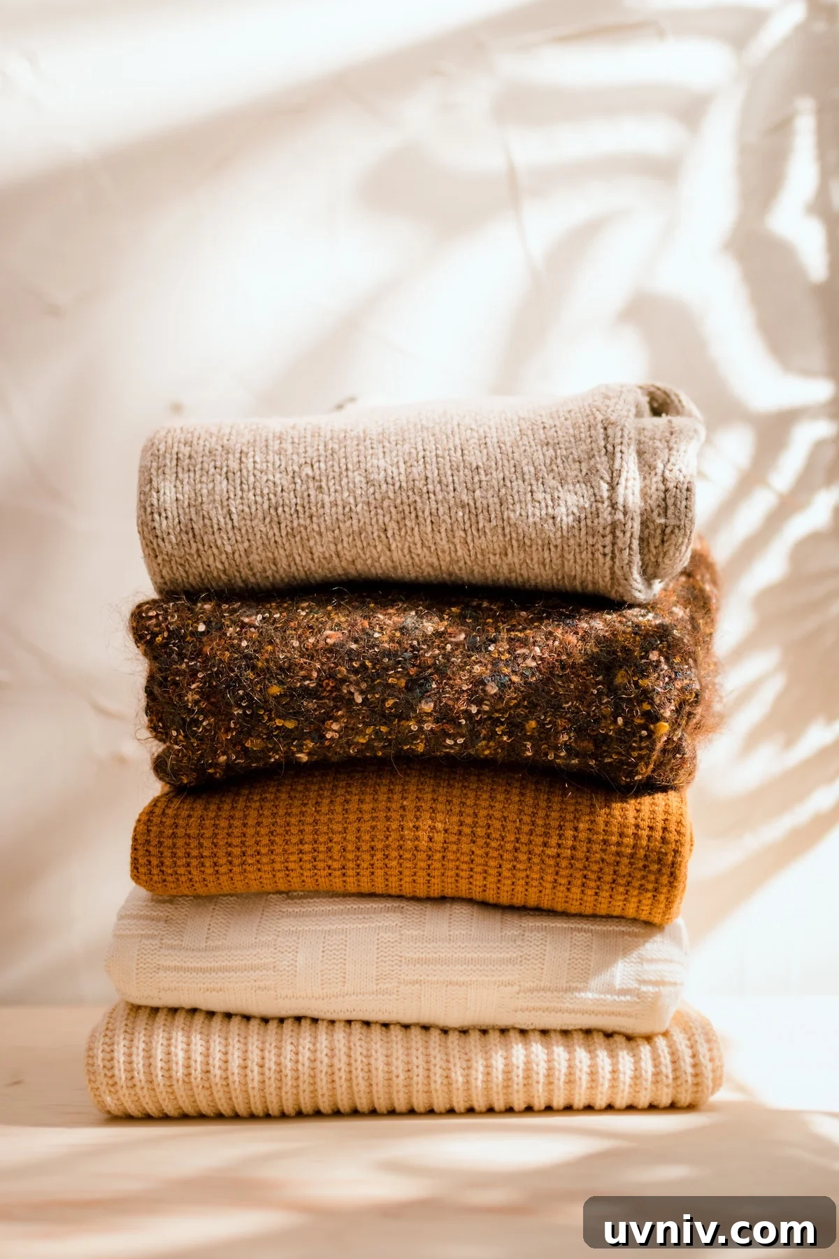 Versatile Fall Capsule Wardrobe: Essential Pieces & Outfit Ideas 2 Fall sweaters stacked on a textured background