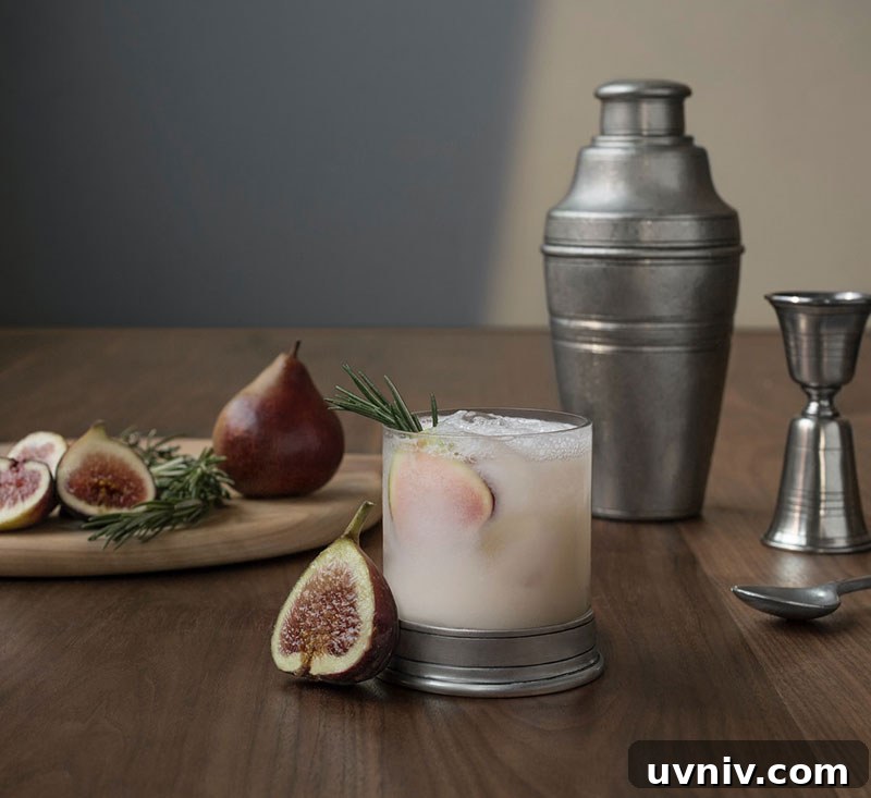 Balsamic Fig Shrub Recipe with Fresh Figs and Vinegar Infusion 3 Fig shrub cocktail in a glass with a slice of fresh fig and a sprig of rosemary.