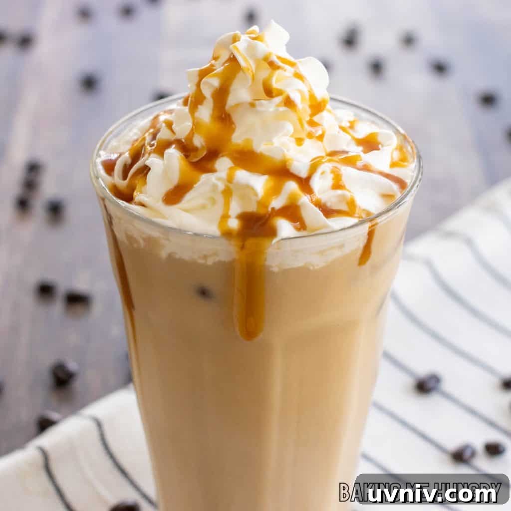 Creamy Caramel Iced Coffee Recipe You’ll Love 10 caramel iced coffee recipe topped with whipped cream and caramel syrup close up in glass