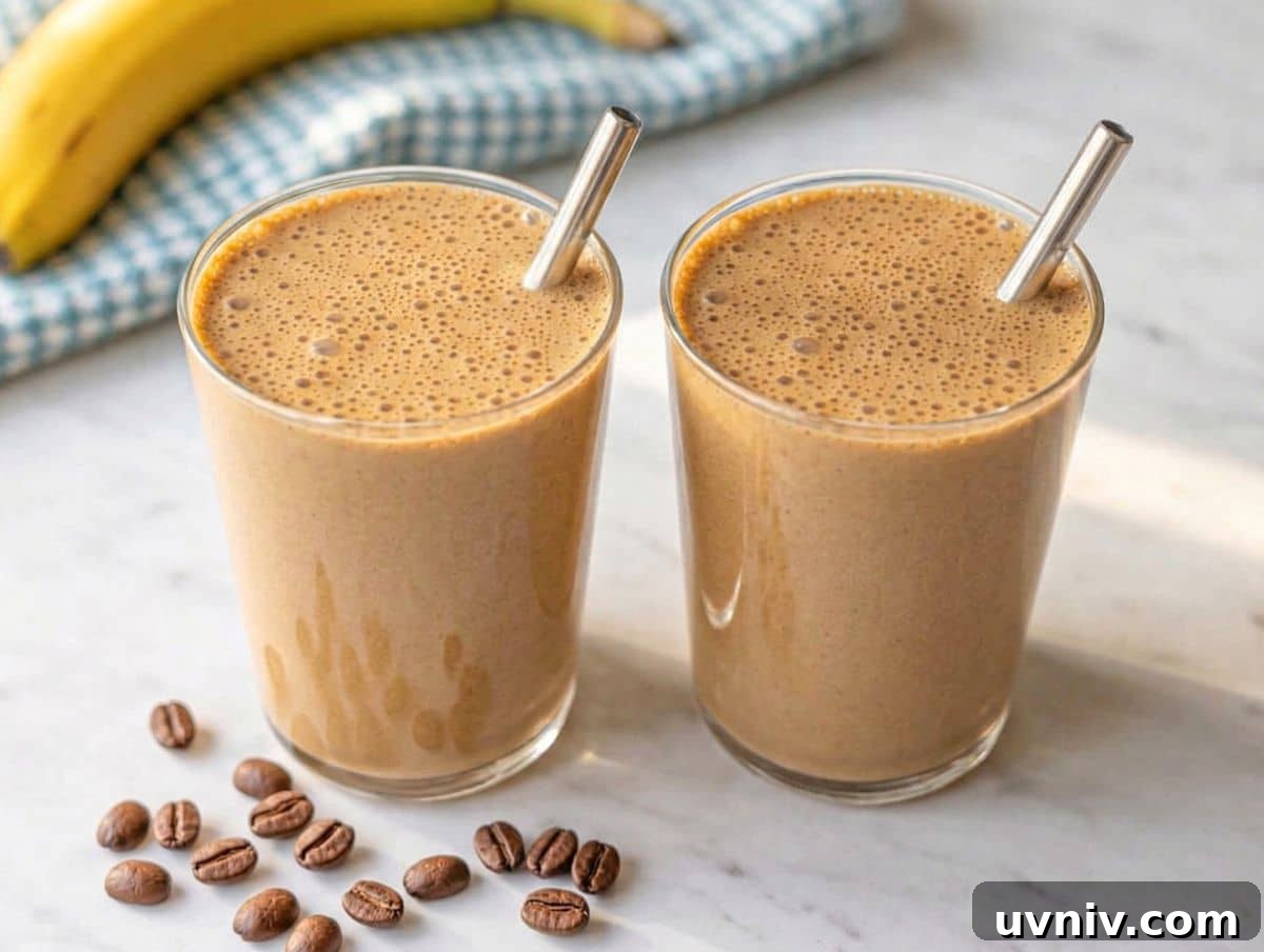 Iced Coffee Smoothie Recipe for a Morning Energy Boost 5 Two glasses of coffee smoothie with metal straws on marble surface with bananas and coffee beans.
