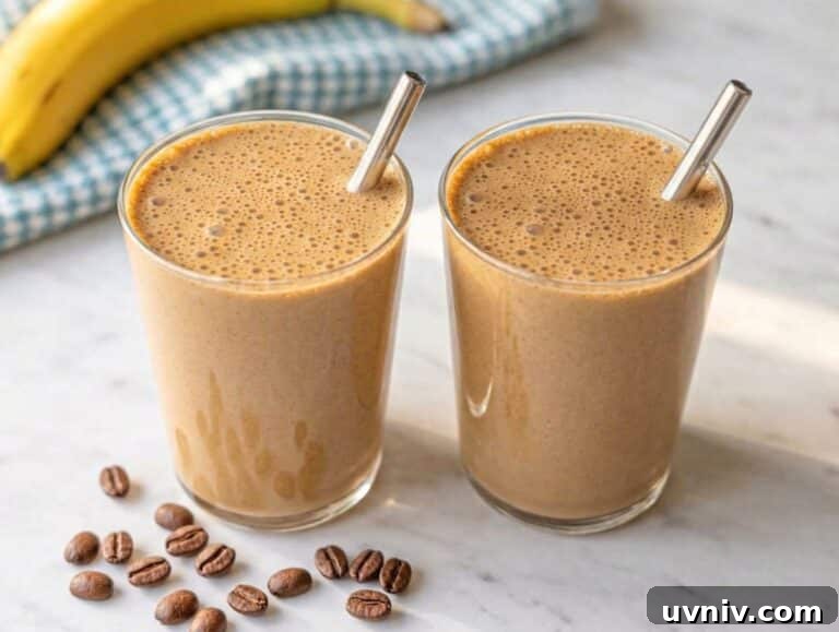 Two glasses of coffee smoothie with metal straws on marble surface with bananas and coffee beans.