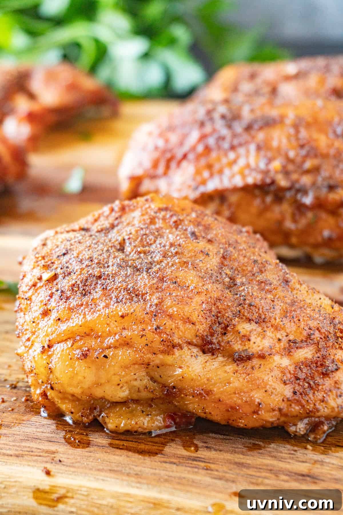Juicy Smoked Chicken Thighs: Tender, Flavorful BBQ Recipe 12 clos up of smoked chicken thigh bone in with skin