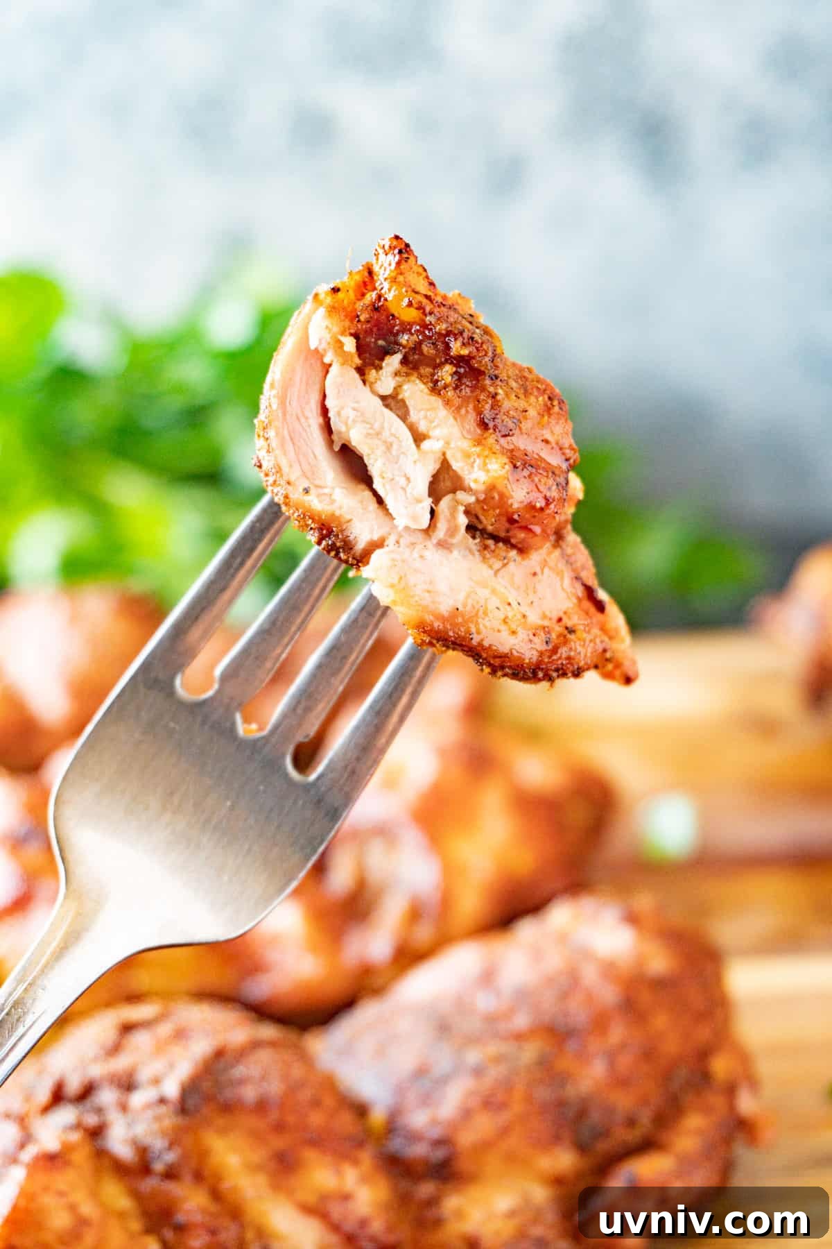 Juicy Smoked Chicken Thighs: Tender, Flavorful BBQ Recipe 13 smoked chicken thigh piece on fork