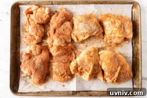 Juicy Smoked Chicken Thighs: Tender, Flavorful BBQ Recipe 19 chicken thighs with oil and dry rub on them