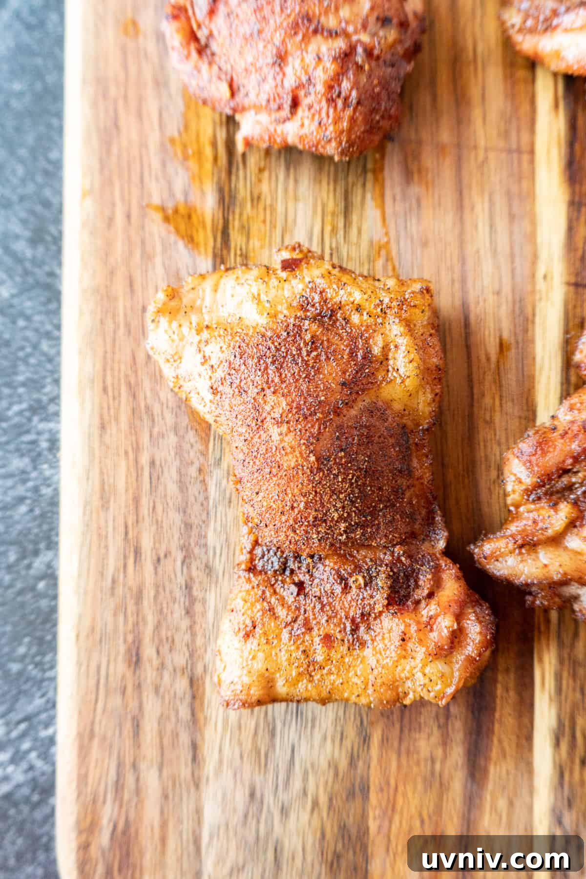Juicy Smoked Chicken Thighs: Tender, Flavorful BBQ Recipe 3 smoked chicken thigh
on cutting board