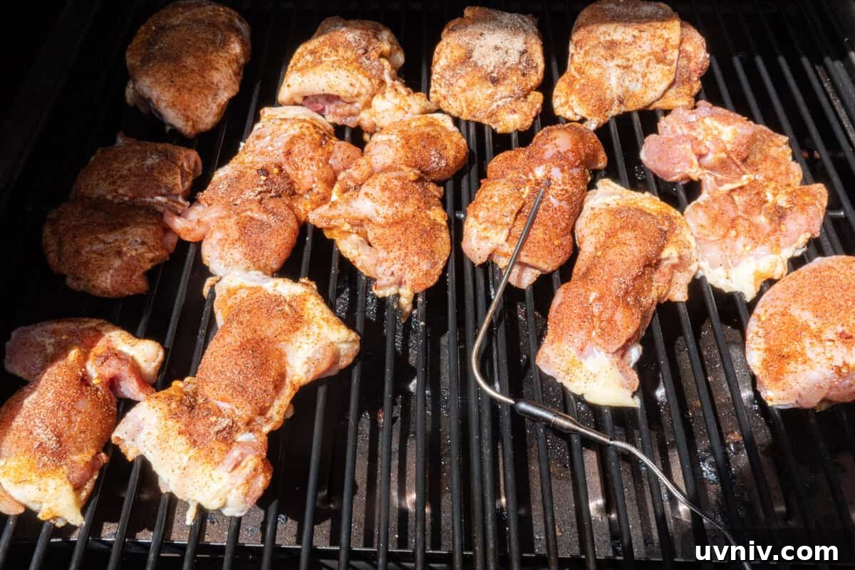 Juicy Smoked Chicken Thighs: Tender, Flavorful BBQ Recipe 9 chicken thighss on smoker before being cooked
