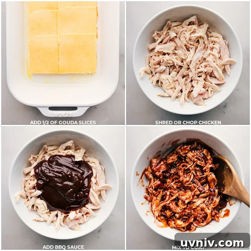 Process shots: Add slices of cheese to the buns. Shred the chicken, add BBQ sauce and mix to coat.