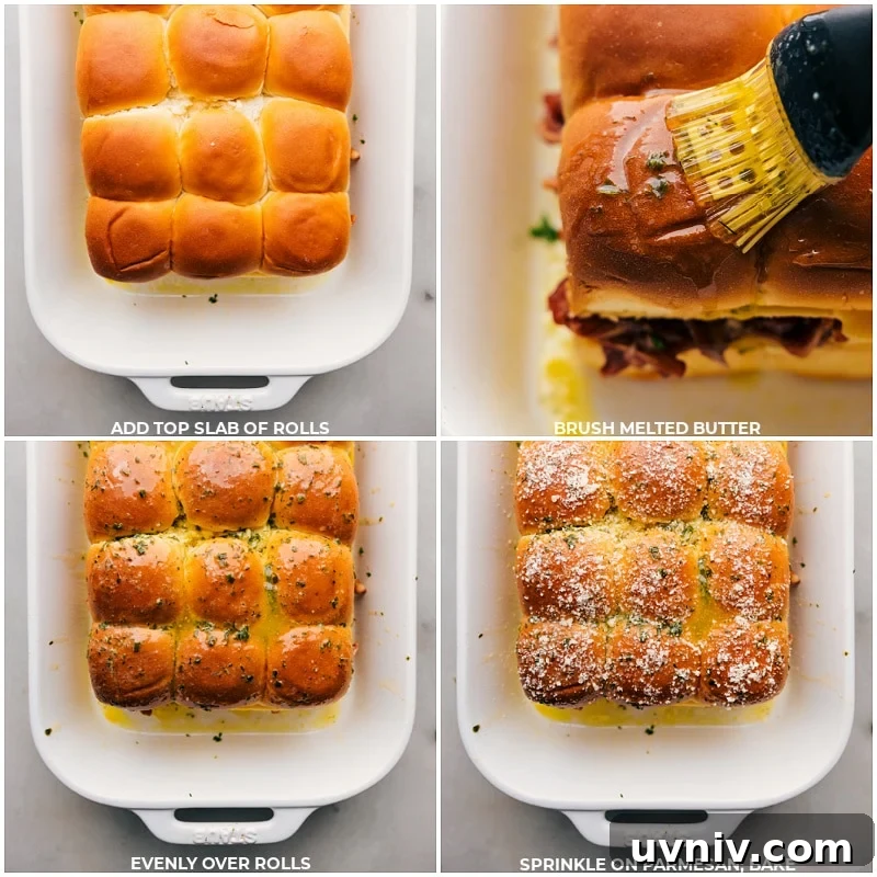 Process shots: Add the top slab of rolls, brush butter evenly over all and sprinkle on Parmesan cheese; bake till browned.