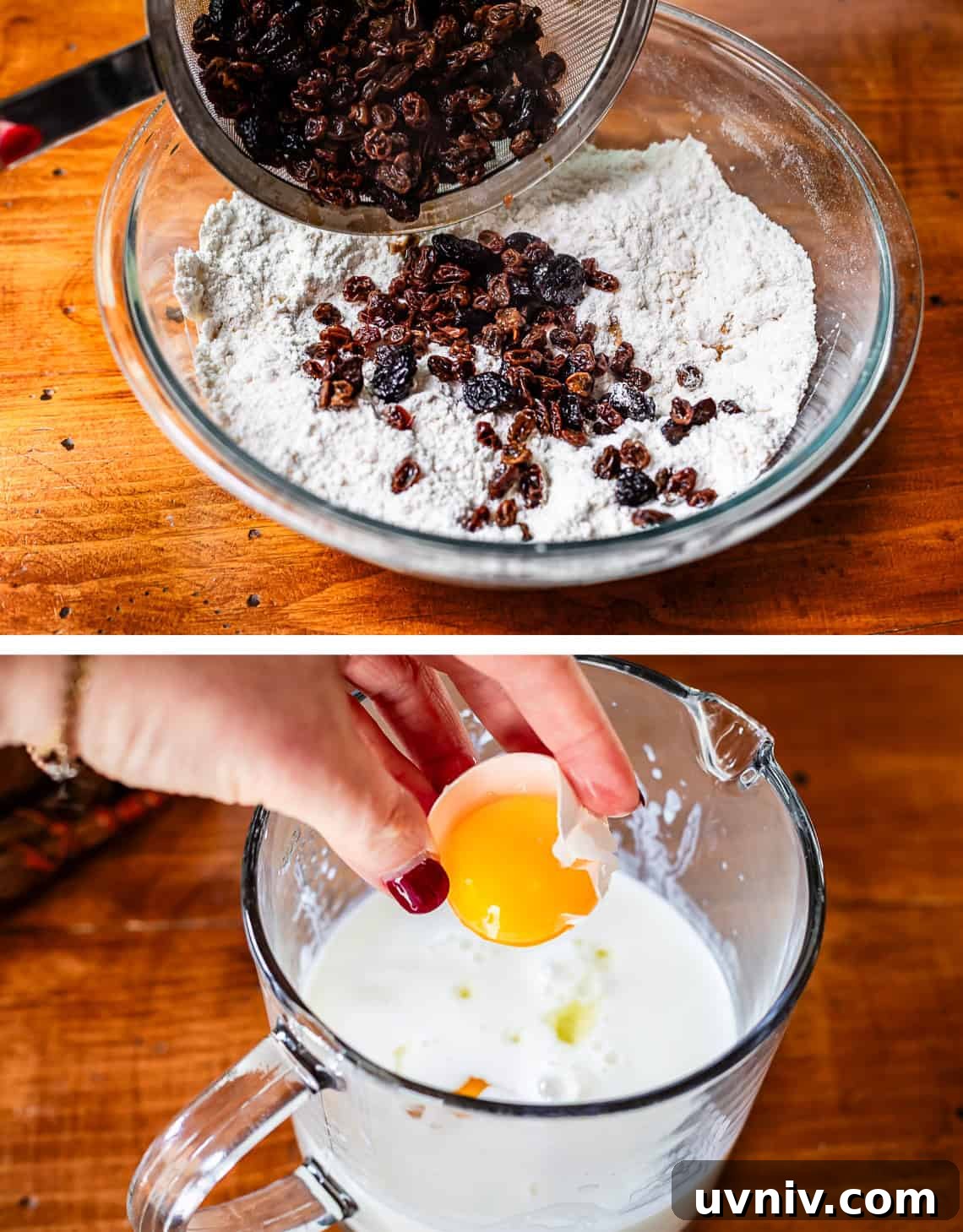 Authentic Irish Soda Bread Recipe You Can Make at Home 11 Pouring in plumped up raisins and cherries in dry ingredients and then adding eggs to wet ingredients.