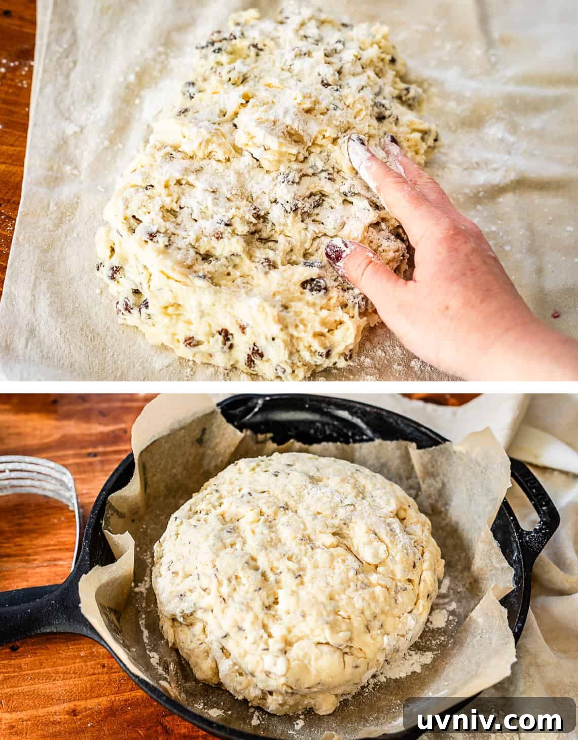 Authentic Irish Soda Bread Recipe You Can Make at Home 12 Prepping soda bread dough for the oven on parchment paper and in cast iron skillet.