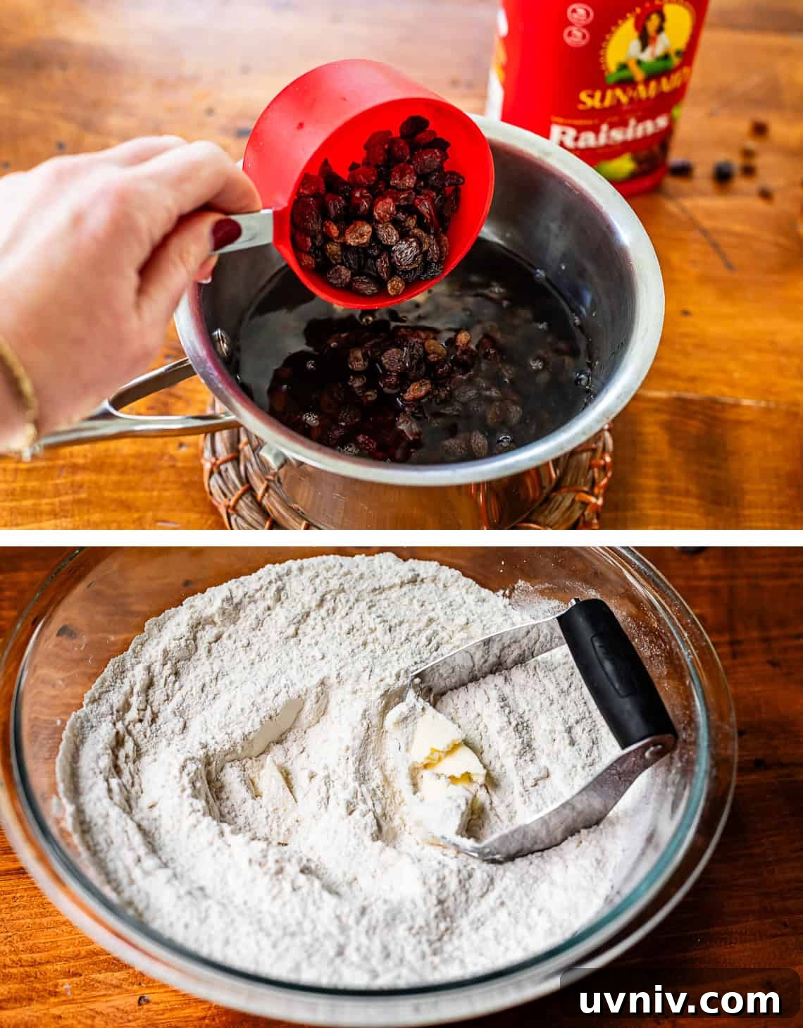 Authentic Irish Soda Bread Recipe You Can Make at Home 9 Prepping raisins and dried cherries to be plumped, and cutting butter into dry ingredients using pastry cutter.