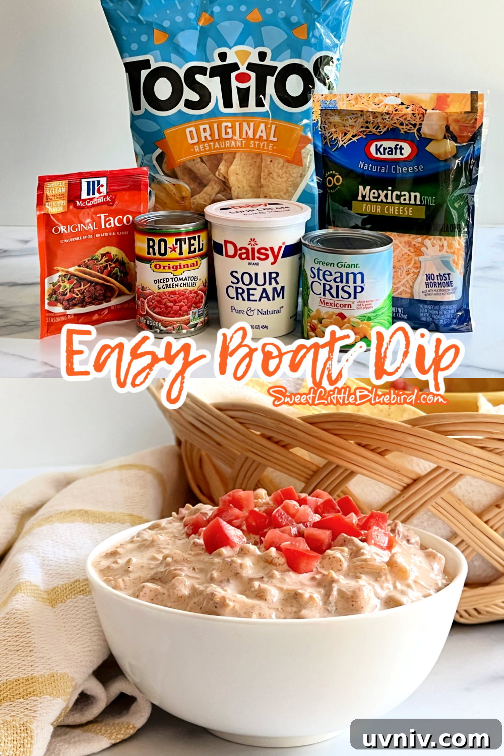 5-Ingredient Party Boat Dip Recipe for Quick Entertaining 2 This is a two photo collage. The top photo shows the ingredients to make the dip. The bottom photo shows the dip in a white bowl.