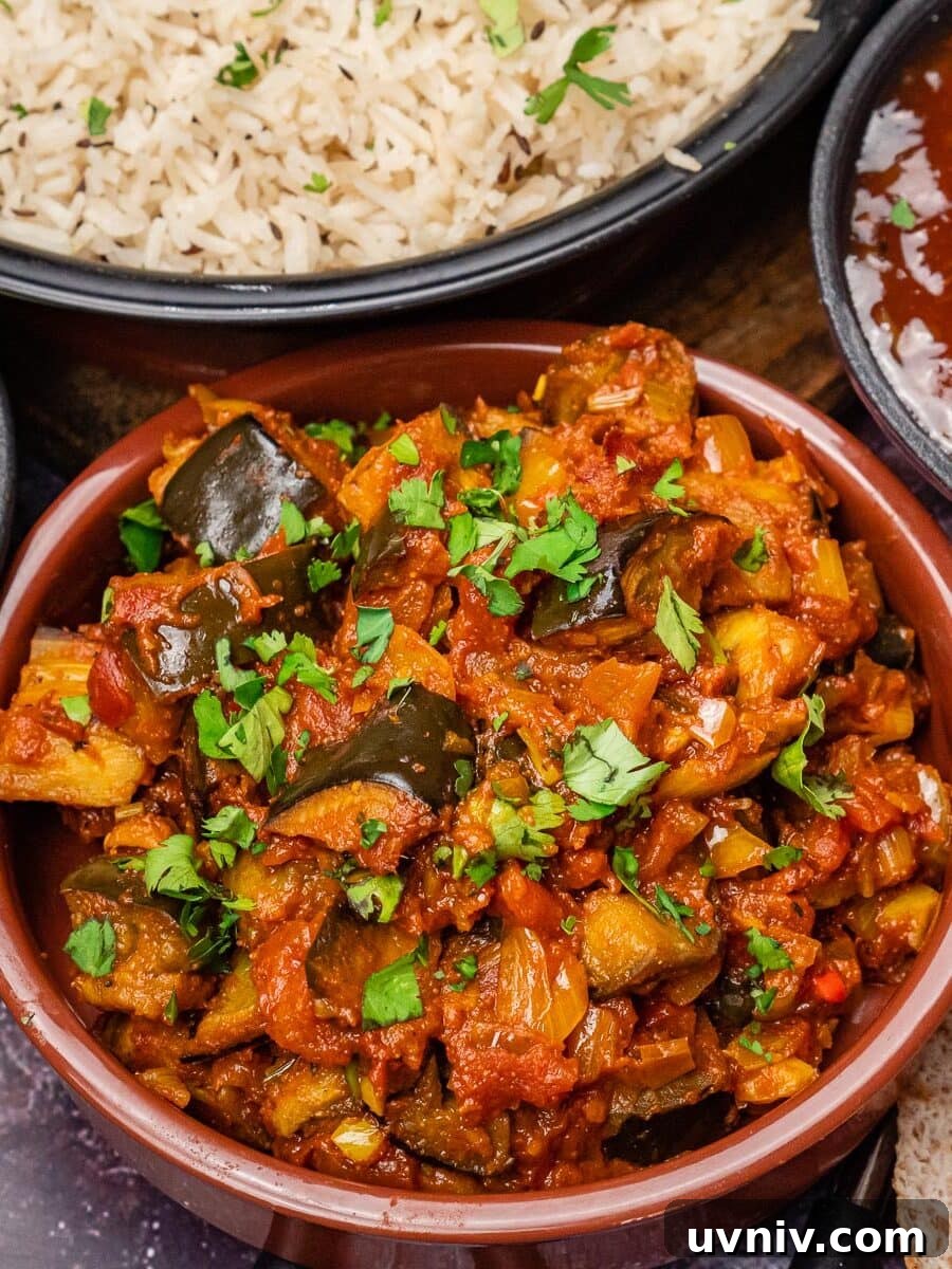 Spiced Brinjal Bhaji: Authentic Indian Eggplant Curry Recipe 2 Brinjal bhaji curry served in a brown dish with jeera rice, mint raita, chapattis and mango chutney on the sides