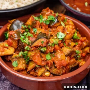 Spiced Brinjal Bhaji: Authentic Indian Eggplant Curry Recipe 3 Brinjal Bhaji-Indian Aubergine Curry with fresh coriander on top