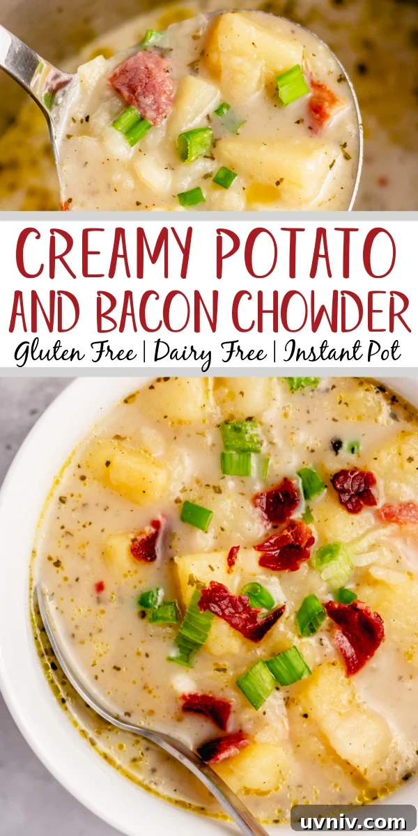 This Whole30 potato bacon chowder is an easy soup recipe that can be made in either the instant pot or slow cooker. The potatoes and bacon combine with the onions and a few other fresh ingredients for a healthy, dairy free weeknight meal that's gluten free, paleo, and is also a great meal prep recipe. #potatobaconsoup #whole30soup #glutenfreesoup #instantpotsoup #30minutemeals This Whole30 potato bacon chowder is an easy soup recipe that can be made in either the instant pot or slow cooker. The potatoes and bacon combine with the onions and a few other fresh ingredients for a healthy, dairy free weeknight meal that's gluten free, paleo, and is also a great meal prep recipe. #potatobaconsoup #whole30soup #glutenfreesoup #instantpotsoup #30minutemeals