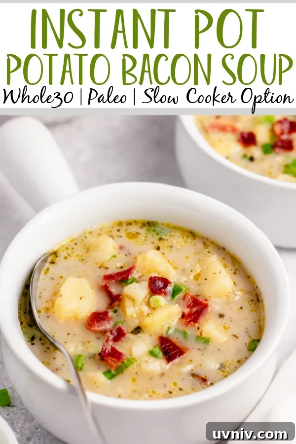 This Whole30 potato bacon chowder is an easy soup recipe that can be made in either the instant pot or slow cooker. The potatoes and bacon combine with the onions and a few other fresh ingredients for a healthy, dairy free weeknight meal that's gluten free, paleo, and is also a great meal prep recipe. #potatobaconsoup #whole30soup #glutenfreesoup #instantpotsoup #30minutemeals This Whole30 potato bacon chowder is an easy soup recipe that can be made in either the instant pot or slow cooker. The potatoes and bacon combine with the onions and a few other fresh ingredients for a healthy, dairy free weeknight meal that's gluten free, paleo, and is also a great meal prep recipe. #potatobaconsoup #whole30soup #glutenfreesoup #instantpotsoup #30minutemeals