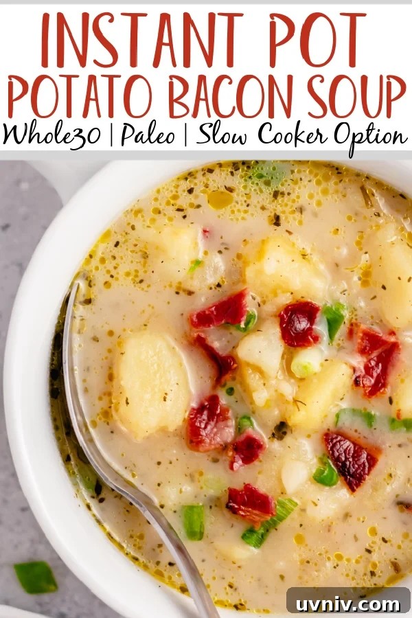 This Whole30 potato bacon chowder is an easy soup recipe that can be made in either the instant pot or slow cooker. The potatoes and bacon combine with the onions and a few other fresh ingredients for a healthy, dairy free weeknight meal that's gluten free, paleo, and is also a great meal prep recipe. #potatobaconsoup #whole30soup #glutenfreesoup #instantpotsoup #30minutemeals This Whole30 potato bacon chowder is an easy soup recipe that can be made in either the instant pot or slow cooker. The potatoes and bacon combine with the onions and a few other fresh ingredients for a healthy, dairy free weeknight meal that's gluten free, paleo, and is also a great meal prep recipe. #potatobaconsoup #whole30soup #glutenfreesoup #instantpotsoup #30minutemeals