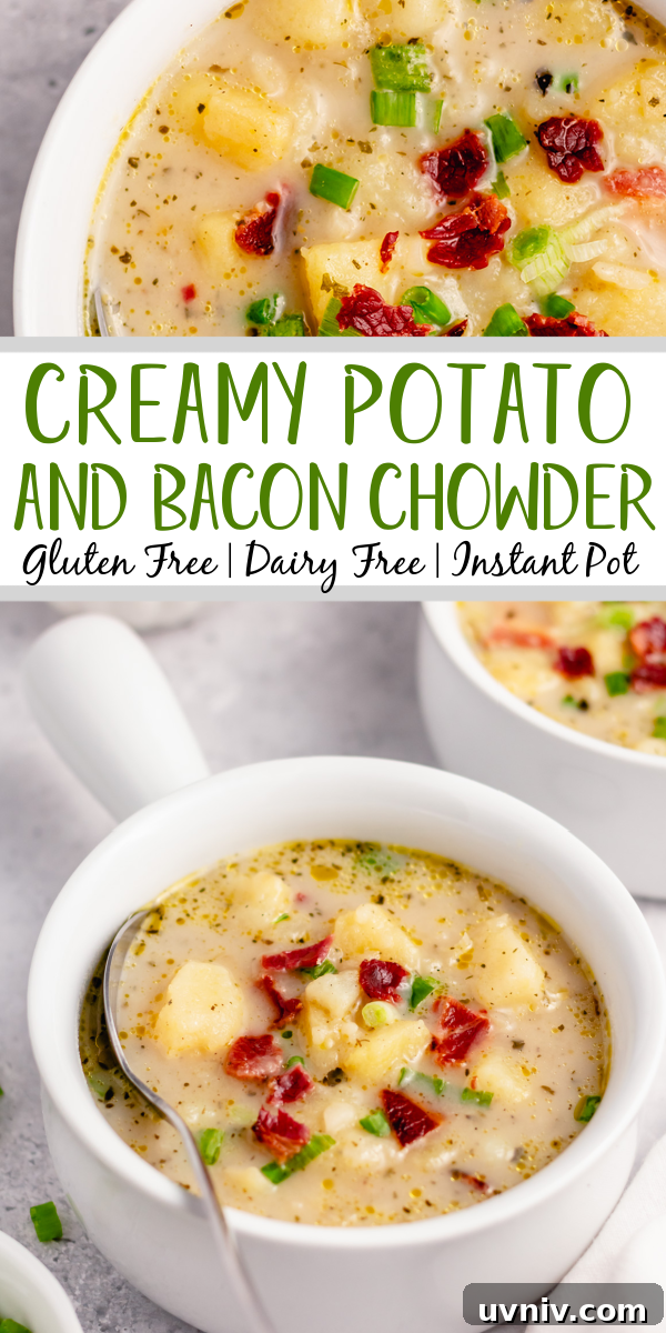 This Whole30 potato bacon chowder is an easy soup recipe that can be made in either the instant pot or slow cooker. The potatoes and bacon combine with the onions and a few other fresh ingredients for a healthy, dairy free weeknight meal that's gluten free, paleo, and is also a great meal prep recipe. #potatobaconsoup #whole30soup #glutenfreesoup #instantpotsoup #30minutemeals This Whole30 potato bacon chowder is an easy soup recipe that can be made in either the instant pot or slow cooker. The potatoes and bacon combine with the onions and a few other fresh ingredients for a healthy, dairy free weeknight meal that's gluten free, paleo, and is also a great meal prep recipe. #potatobaconsoup #whole30soup #glutenfreesoup #instantpotsoup #30minutemeals