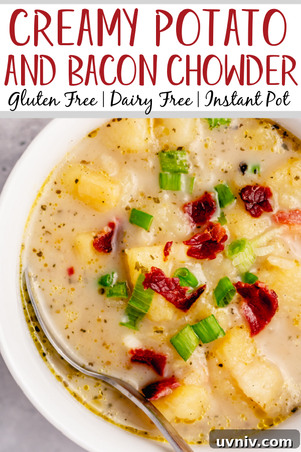 This Whole30 potato bacon chowder is an easy soup recipe that can be made in either the instant pot or slow cooker. The potatoes and bacon combine with the onions and a few other fresh ingredients for a healthy, dairy free weeknight meal that's gluten free, paleo, and is also a great meal prep recipe. #potatobaconsoup #whole30soup #glutenfreesoup #instantpotsoup #30minutemeals This Whole30 potato bacon chowder is an easy soup recipe that can be made in either the instant pot or slow cooker. The potatoes and bacon combine with the onions and a few other fresh ingredients for a healthy, dairy free weeknight meal that's gluten free, paleo, and is also a great meal prep recipe. #potatobaconsoup #whole30soup #glutenfreesoup #instantpotsoup #30minutemeals