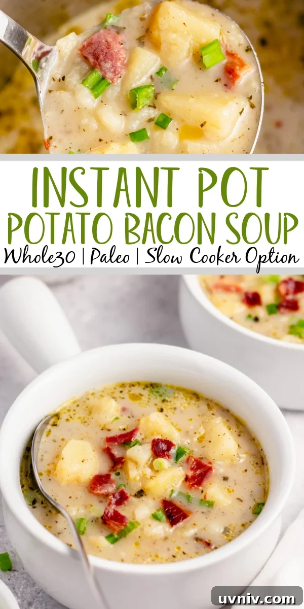 This Whole30 potato bacon chowder is an easy soup recipe that can be made in either the instant pot or slow cooker. The potatoes and bacon combine with the onions and a few other fresh ingredients for a healthy, dairy free weeknight meal that's gluten free, paleo, and is also a great meal prep recipe. #potatobaconsoup #whole30soup #glutenfreesoup #instantpotsoup #30minutemeals This Whole30 potato bacon chowder is an easy soup recipe that can be made in either the instant pot or slow cooker. The potatoes and bacon combine with the onions and a few other fresh ingredients for a healthy, dairy free weeknight meal that's gluten free, paleo, and is also a great meal prep recipe. #potatobaconsoup #whole30soup #glutenfreesoup #instantpotsoup #30minutemeals