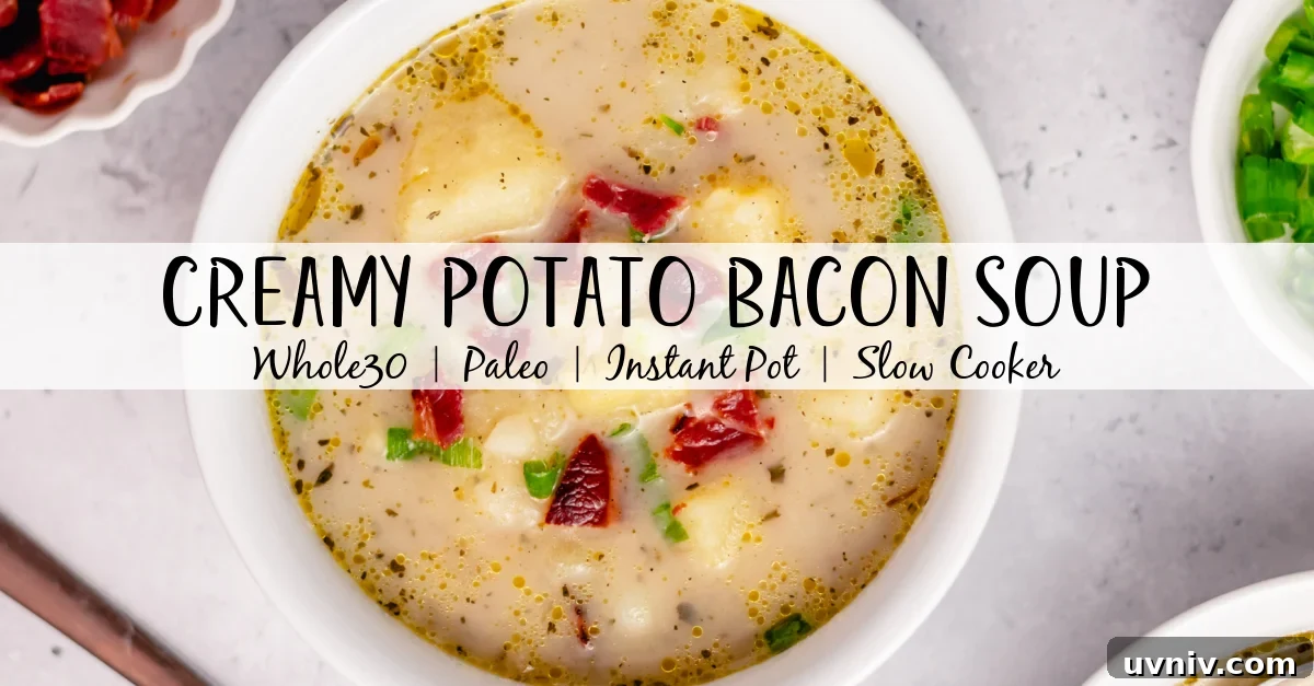 This Whole30 potato bacon chowder is an easy soup recipe that can be made in either the instant pot or slow cooker. The potatoes and bacon combine with the onions and a few other fresh ingredients for a healthy, dairy free weeknight meal that's gluten free, paleo, and is also a great meal prep recipe. #potatobaconsoup #whole30soup #glutenfreesoup #instantpotsoup #30minutemeals This Whole30 potato bacon chowder is an easy soup recipe that can be made in either the instant pot or slow cooker. The potatoes and bacon combine with the onions and a few other fresh ingredients for a healthy, dairy free weeknight meal that's gluten free, paleo, and is also a great meal prep recipe. #potatobaconsoup #whole30soup #glutenfreesoup #instantpotsoup #30minutemeals